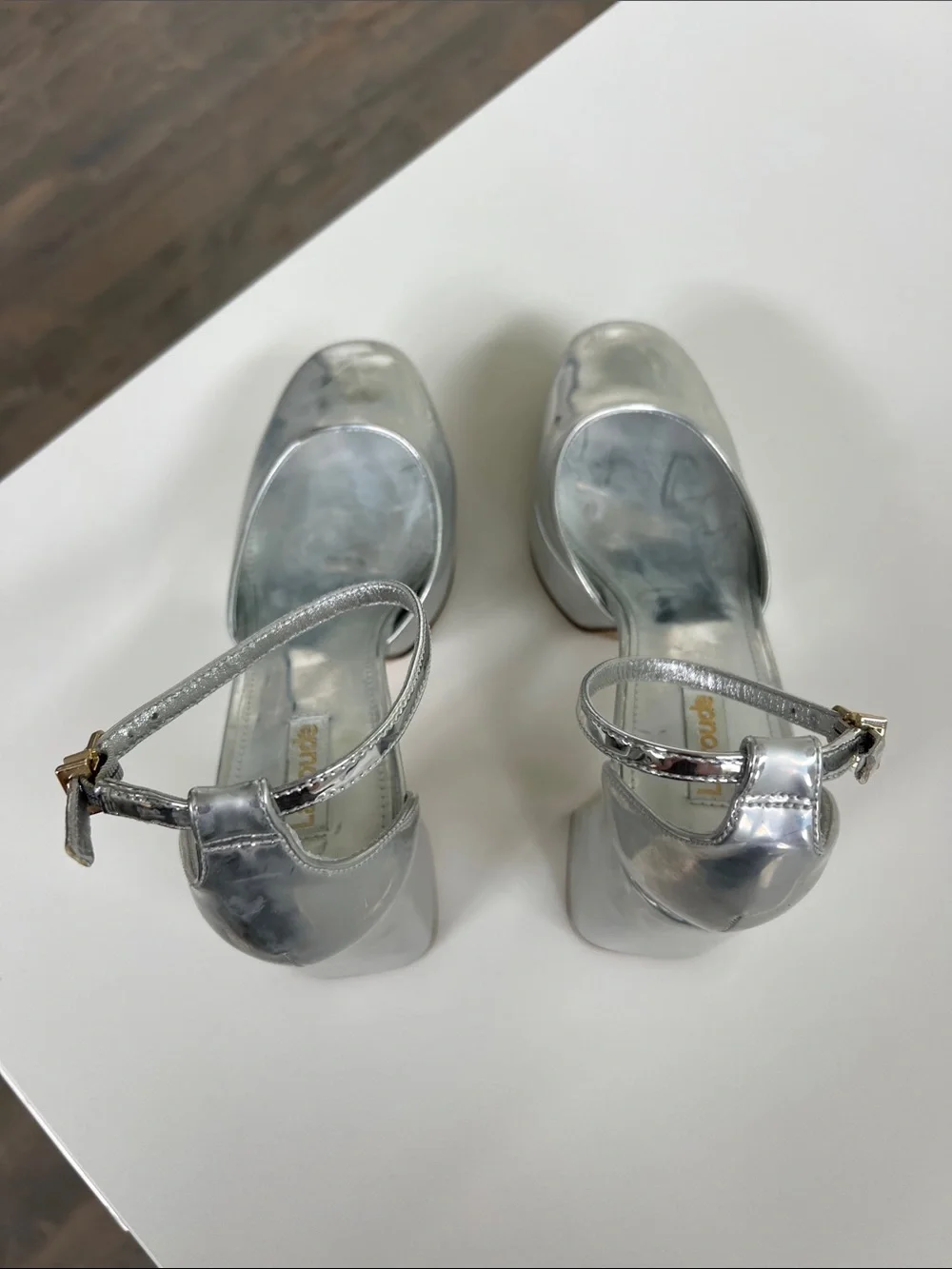 Larroude ari mirror silver platform pumps heels size 8